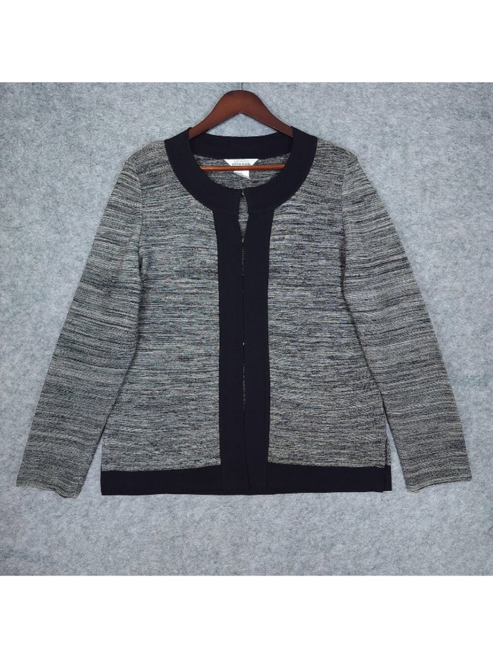 Misook Zip Knit Jacket Womens XL Gray Marled Acrylic Collarless Shoulder Pads